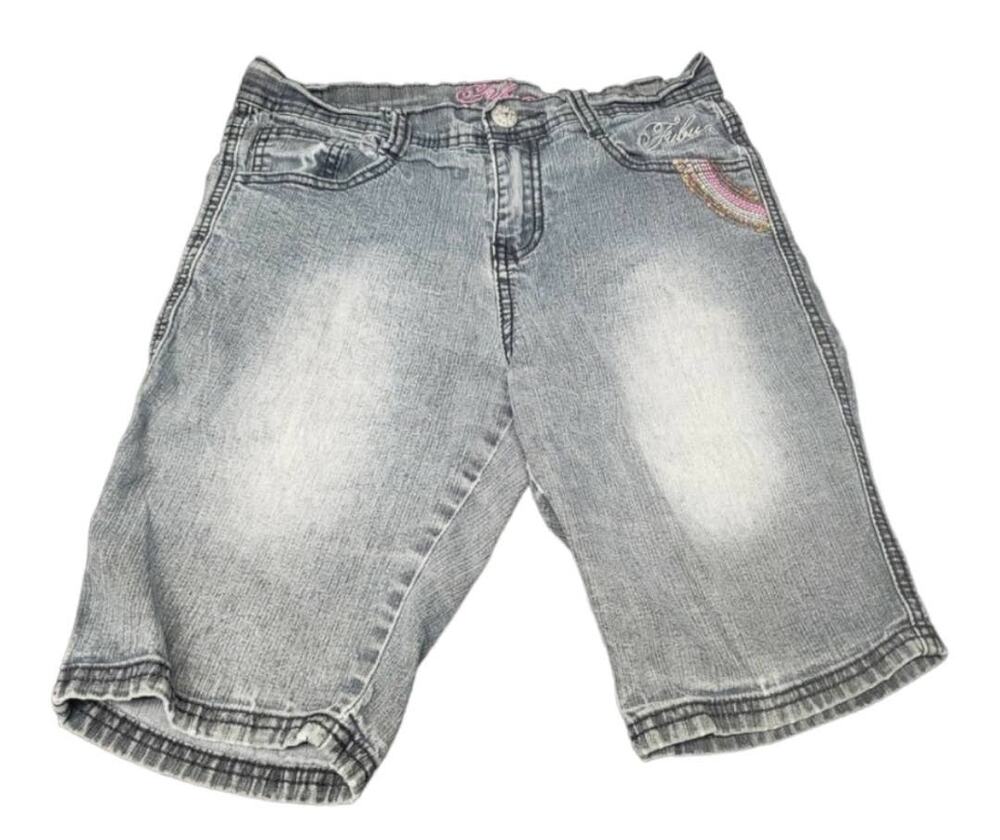 FUBU The Collection Light Washed Denim Bedazzled Shorts Back Pockets | Size 14